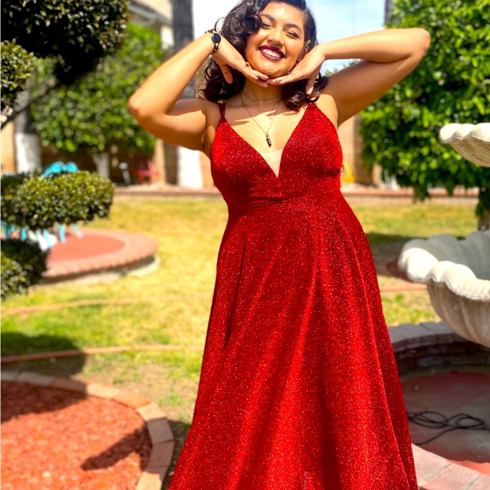 Women's Glittery Spaghetti V-Neck Dress Long Side Split Formal Evening Gown